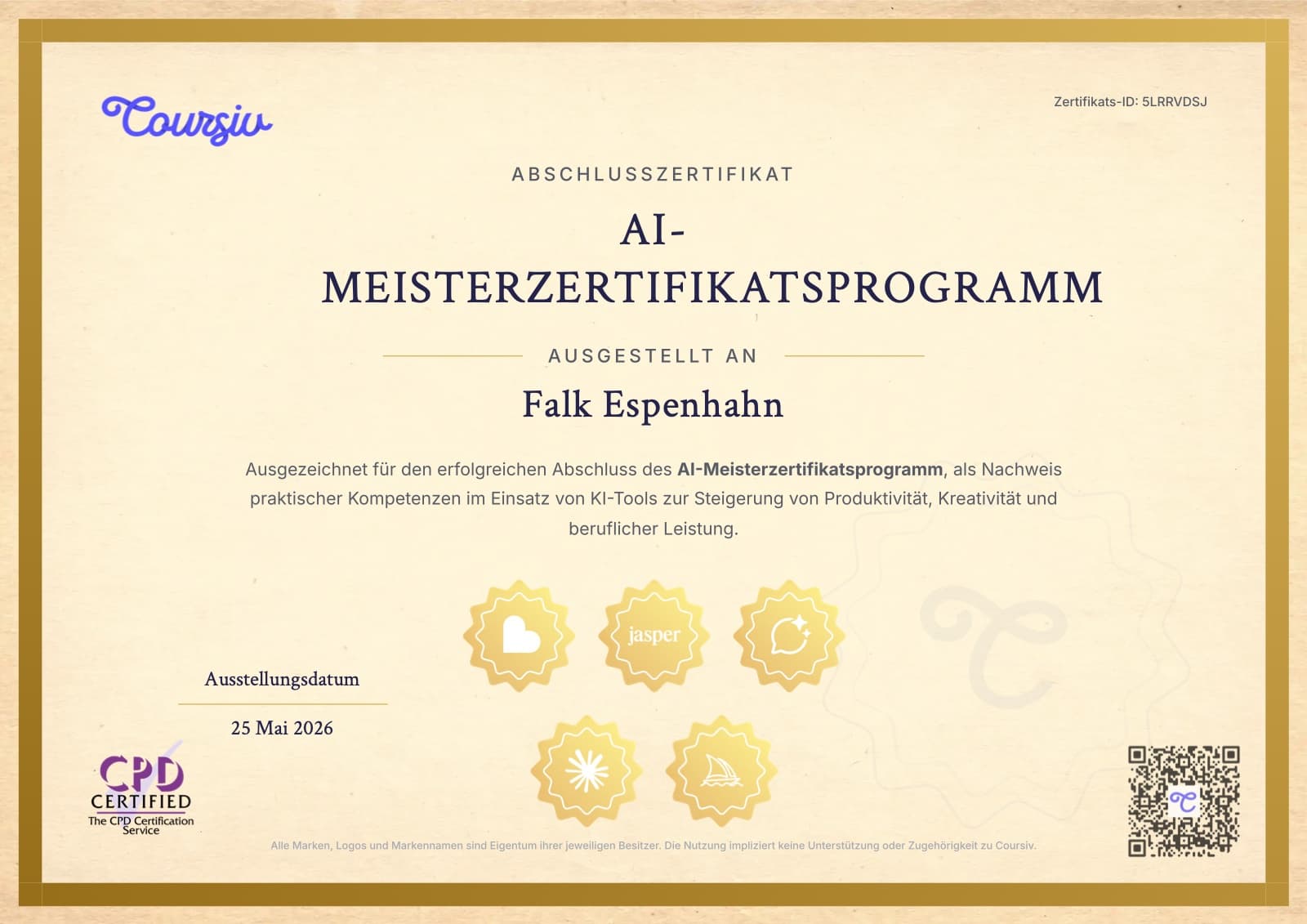 Zertifikat „AI-Meisterzertifikatsprogramm", ausgestellt an Falk Espenhahn, am 25. Mai 2026 (Coursiv)