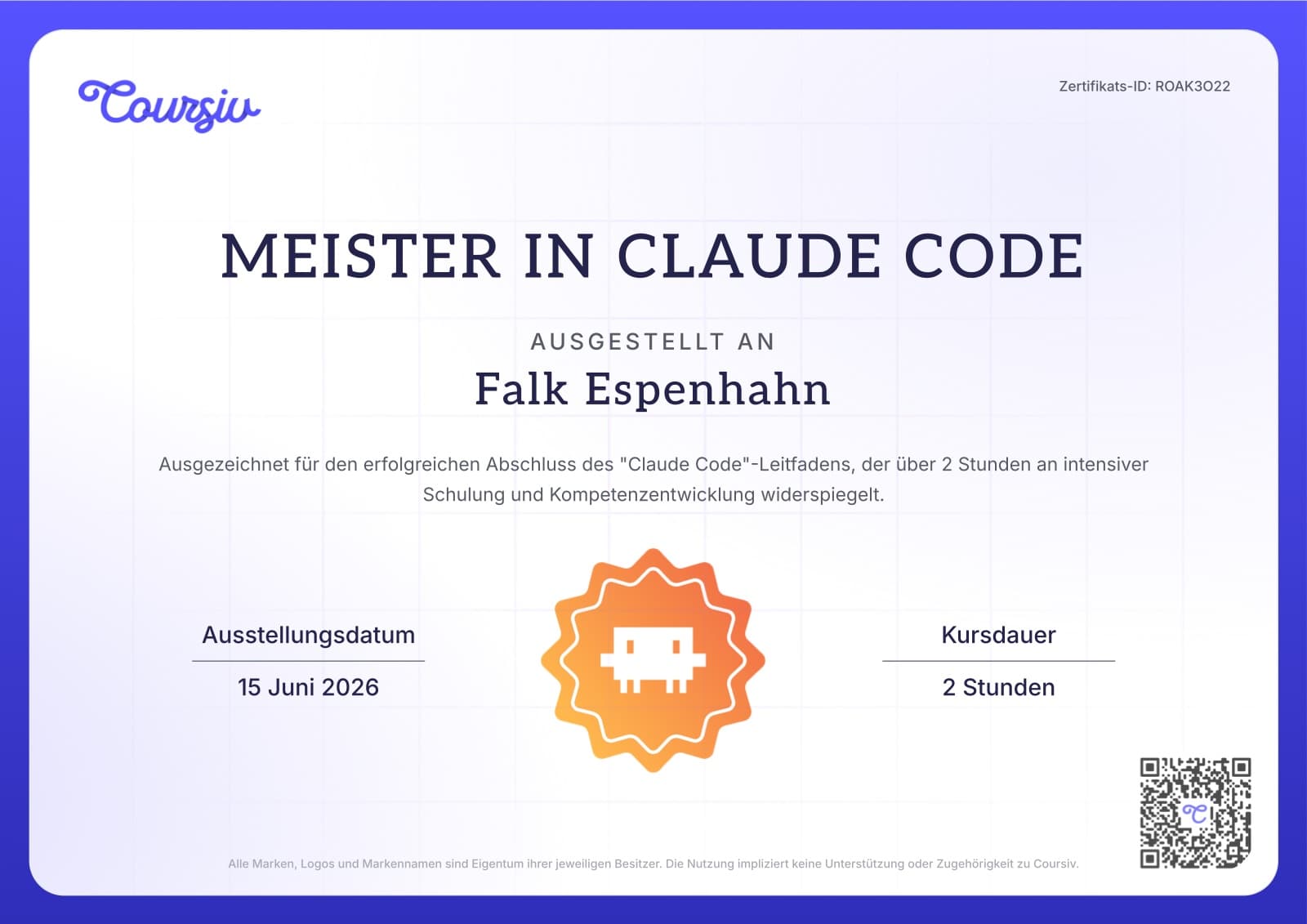 Zertifikat „Meister in Claude Code", ausgestellt an Falk Espenhahn, am 15. Juni 2026, Kursdauer 2 Stunden (Coursiv)