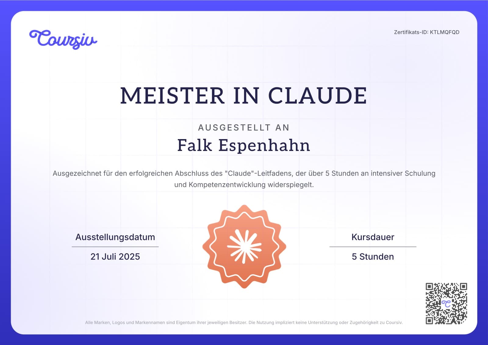 Zertifikat „Meister in Claude", ausgestellt an Falk Espenhahn, am 21. Juli 2025, Kursdauer 5 Stunden (Coursiv)