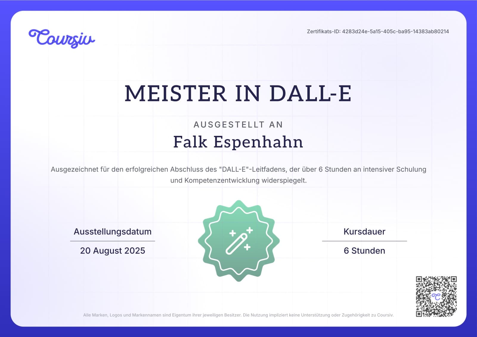 Zertifikat „Meister in DALL-E", ausgestellt an Falk Espenhahn, am 20. August 2025, Kursdauer 6 Stunden (Coursiv)