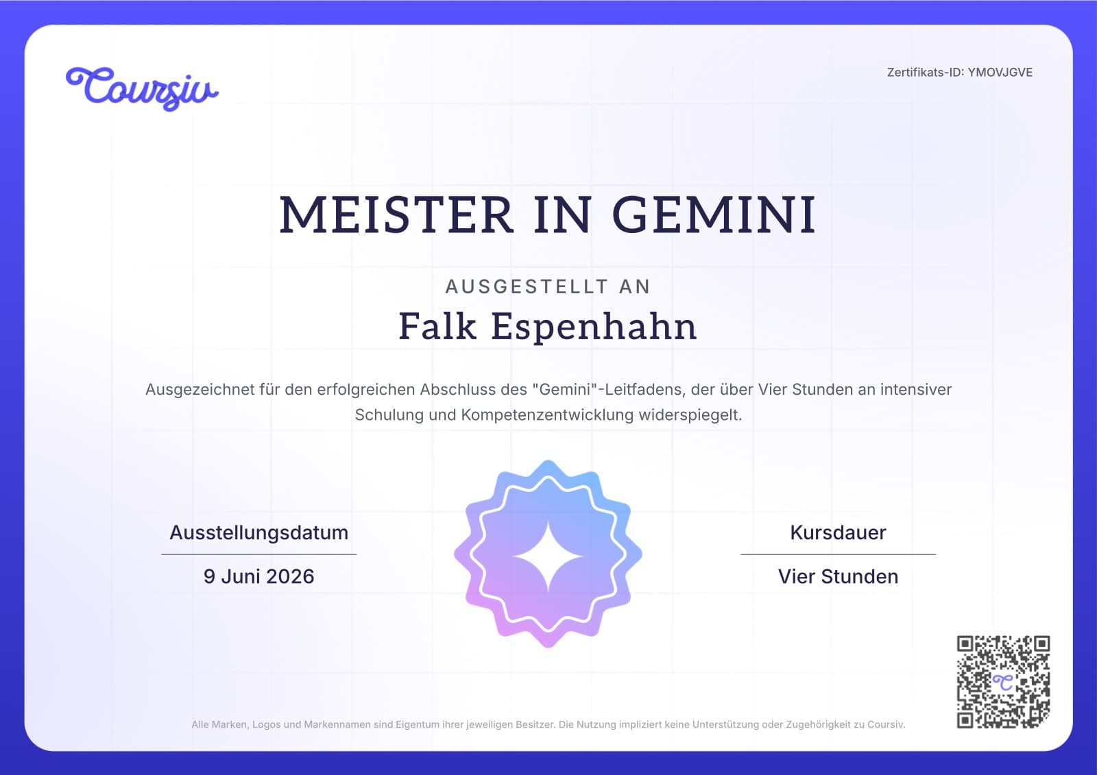Zertifikat „Meister in Gemini", ausgestellt an Falk Espenhahn, am 9. Juni 2026, Kursdauer 4 Stunden (Coursiv)