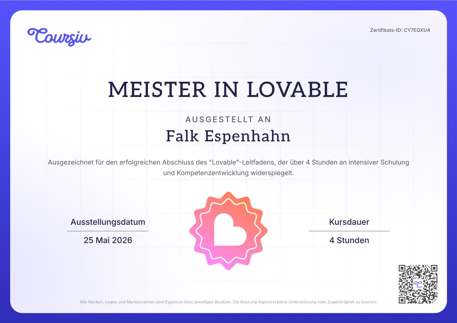 Zertifikat „Meister in Lovable", ausgestellt an Falk Espenhahn, am 25. Mai 2026, Kursdauer 4 Stunden (Coursiv)