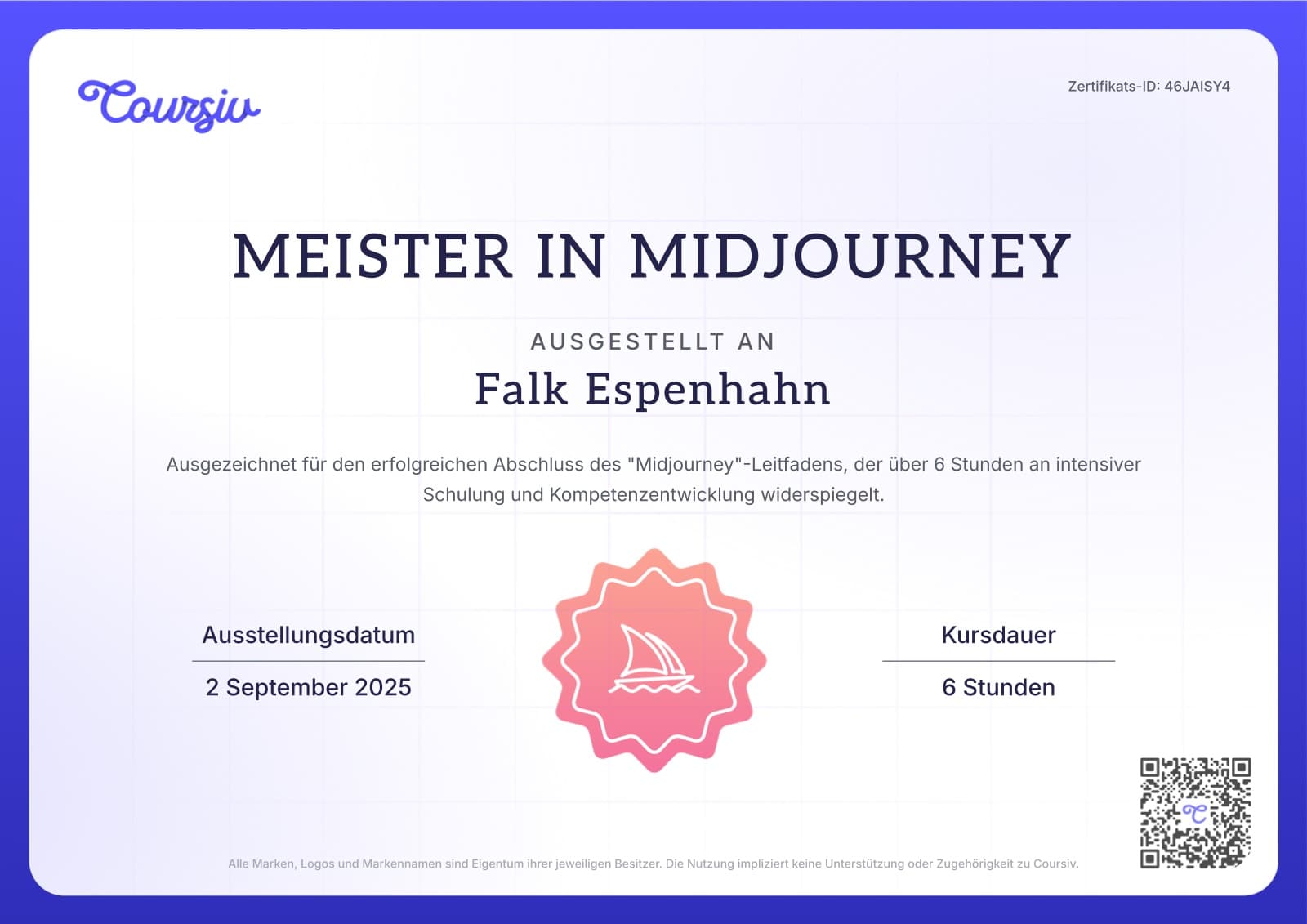 Zertifikat „Meister in Midjourney", ausgestellt an Falk Espenhahn, am 2. September 2025, Kursdauer 6 Stunden (Coursiv)