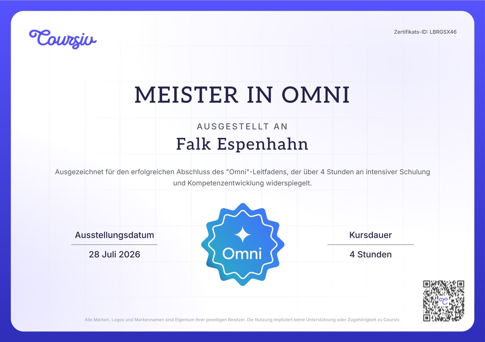 Zertifikat „Meister in Omni", ausgestellt an Falk Espenhahn, am 28. Juli 2026, Kursdauer 4 Stunden (Coursiv)