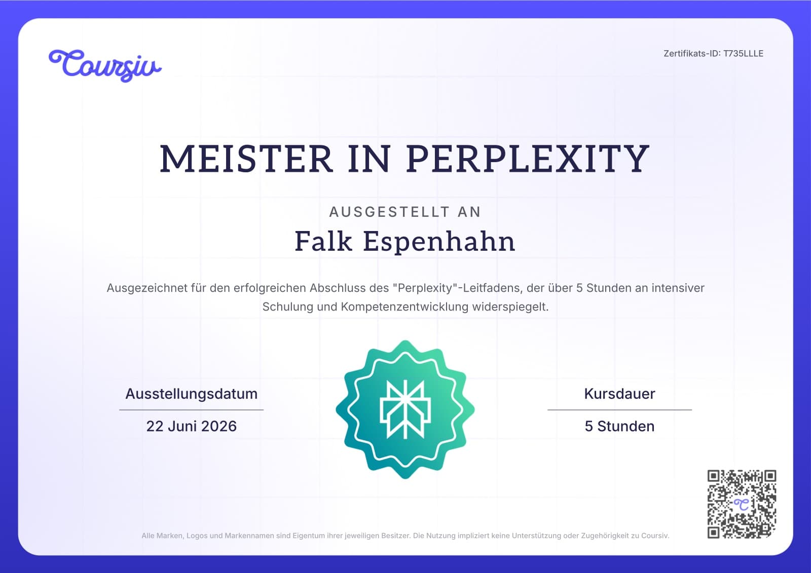 Zertifikat „Meister in Perplexity", ausgestellt an Falk Espenhahn, am 22. Juni 2026, Kursdauer 5 Stunden (Coursiv)