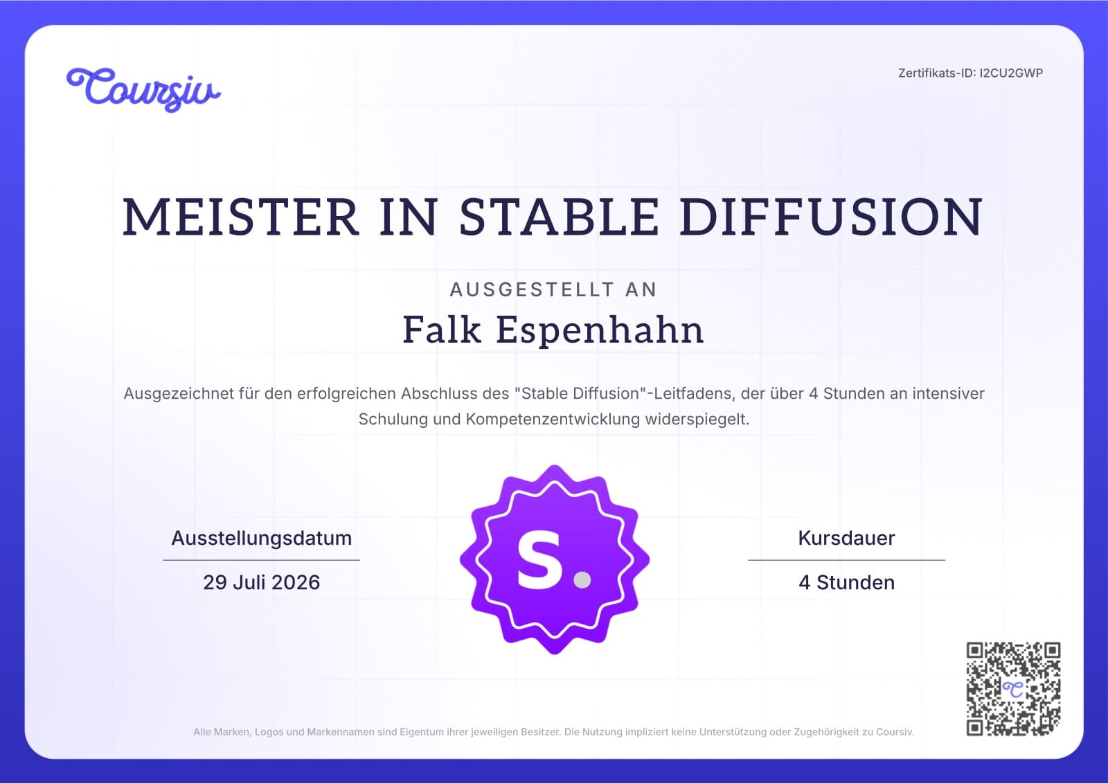 Zertifikat „Meister in Stable Diffusion", ausgestellt an Falk Espenhahn, am 29. Juli 2026, Kursdauer 4 Stunden (Coursiv)