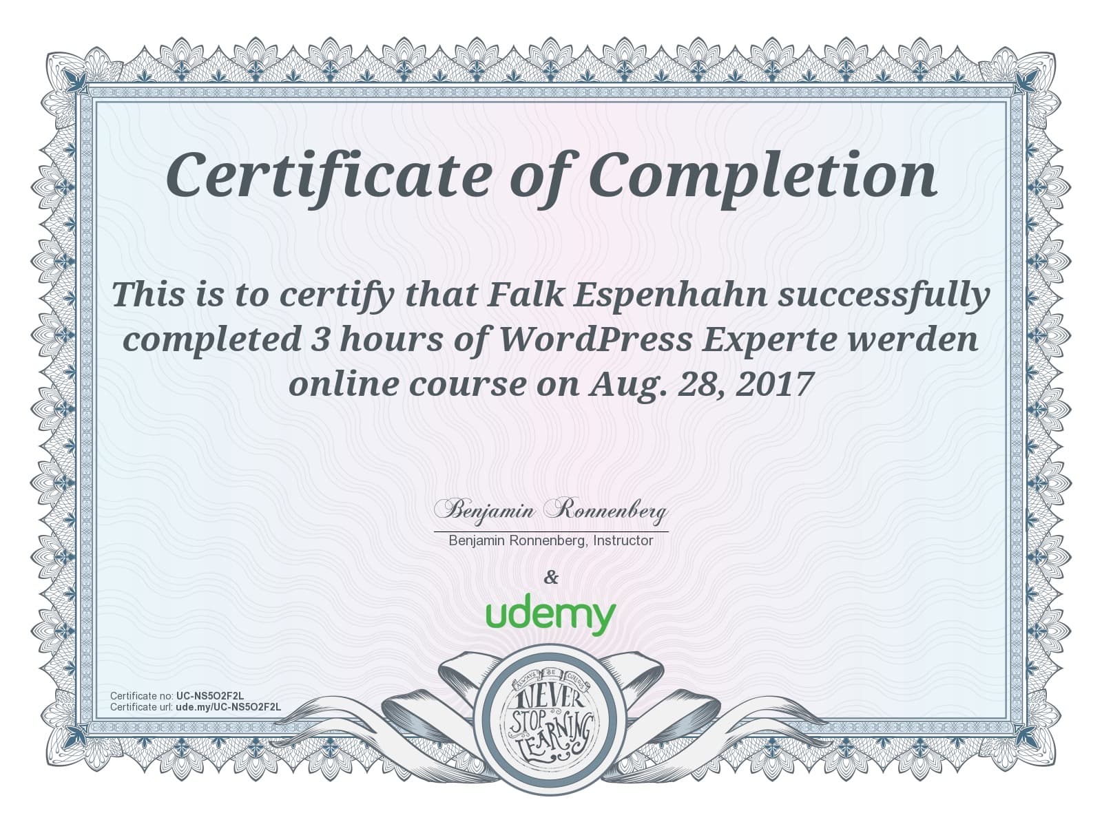 Zertifikat „WordPress Experte werden", ausgestellt an Falk Espenhahn, am 28. August 2017, Kursdauer 3 Stunden (Udemy)